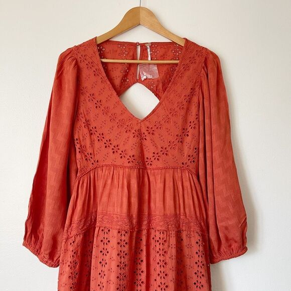 Free People Mockingbird Burnt Red Midi Dress tiered style size small NwOT - Picture 3 of 15